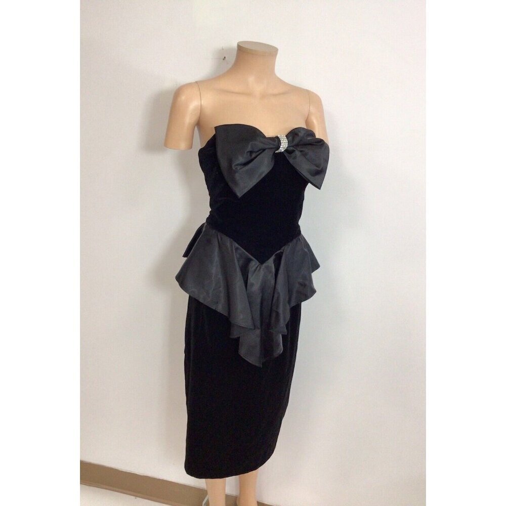 Strapless Black Velvet Dress with Satin Bow and Peplum